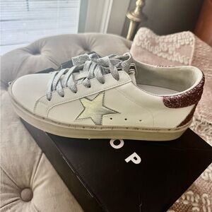 White and Gold Star Sneakers with Glitter Accents